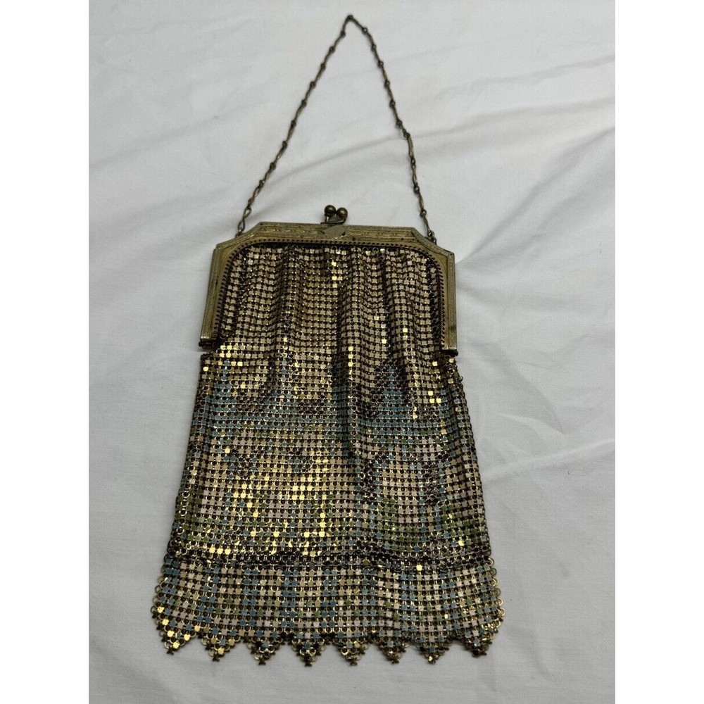 Vintage Whiting and Davis Enamel Mesh Metal Flapper Chain Purse Floral Engraved